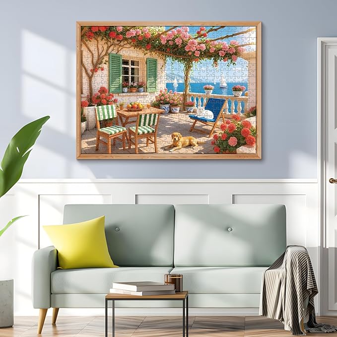 500 Piece Puzzles for Adults, Cozy Seaside Terrace Scene Jigsaw Puzzles with Dog and Cat, Relaxing 500 Piece Puzzle, Perfect for Family Time, Wall Decor, Gift for Adults, Kids, Seniors, 20.5 x 15 in