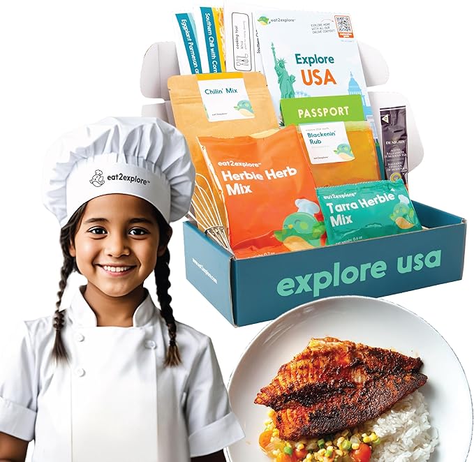 eat2explore Cooking Kits for Kids - Interactive & Educational Set with 3 Recipe Cards, Key Ingredients & Cooking Tools - Ideal Idea for Kids who Love to Create Meals (USA Edition)