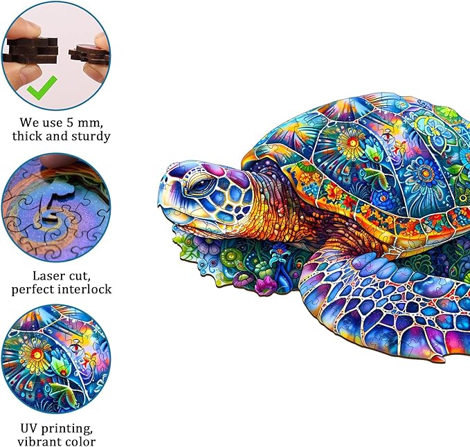 Jigfoxy Wooden Puzzles for Adults, Sea Turtle Wood Puzzles Adult, Unique Animal Shape Wooden Jigsaw Puzzles for Adults, Birthday Gifts for Puzzle Lovers, Family, Friend (L-13.3 * 8.9in-220pcs)