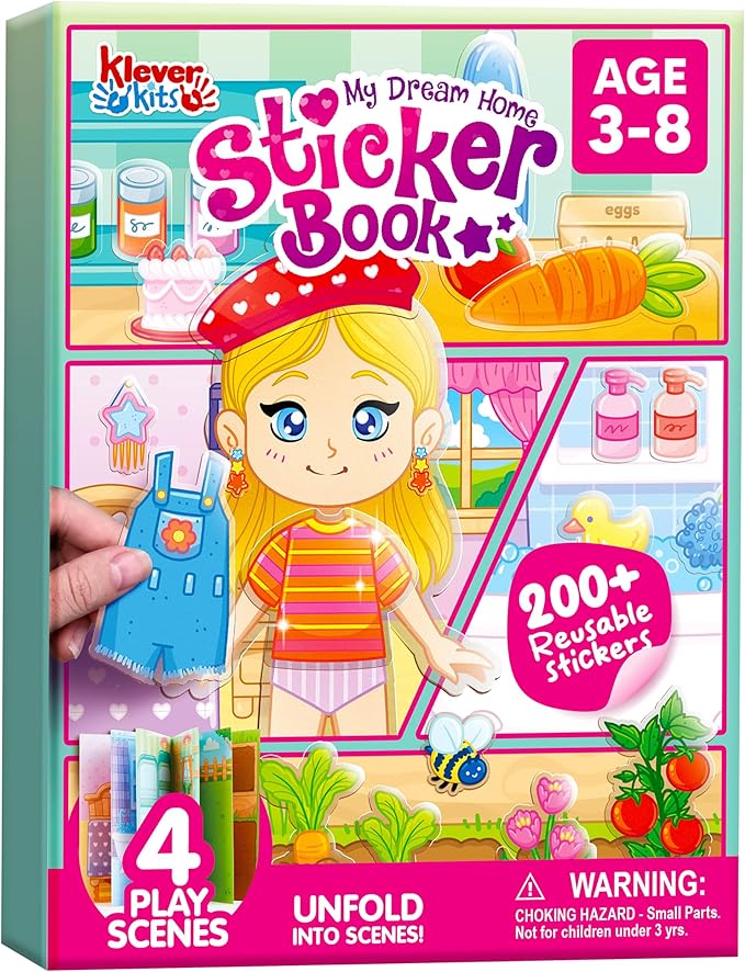 Klever Kits Reusable Sticker Book for Kids, My Dream Home 4 Play Scenes with 200+ Washable Stickers Plane Activity for Toddler Aged 3 4 5 6 7 8 Girls and Boys Birthday Gift
