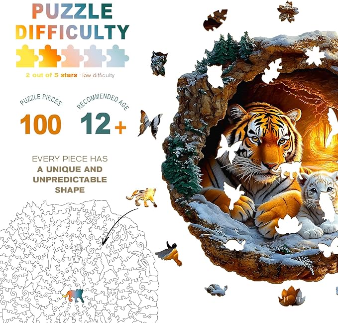 Wooden Puzzles for Adults - Tiger Family Wooden Jigsaw Puzzle - Unique Shape 3D Vision Wood Puzzles Adult - Christmas Birthday Gifts for Adults/Friends/Family - 100pcs 8.5 * 8.4in