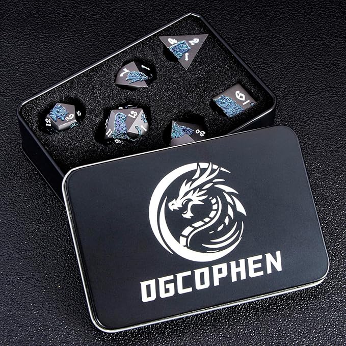 Metal DND Cat Dice 7PCS Polyhedral RPG Dice Set with Gift Case for Dungeons Dragons Role Playing Game, D and D Dice D6 D8 D10 D12 D20 D% (Purple Green)