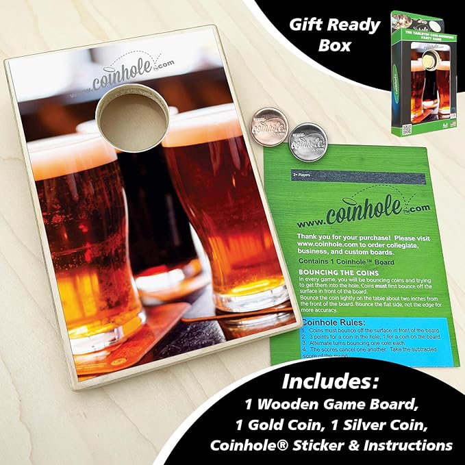 Coinhole Desktop Coin Bouncing Party Game Set | Tabletop Cornhole Board Game | Small Cornhole Travel Game Includes Coins