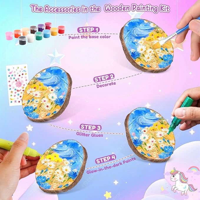 Wooden Painting Kit for Kids 6-12, Wood Slice DIY Craft Gift Set with Paints, Glues, Assorted Gems & Diamond Painting Tools, Creative Art Activity Supplies for Boys Girls