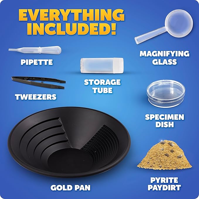 Blue Marble Gold Panning Kit for Kids - Learn to Pan for Gold, Includes Pay Dirt with Real Pyrite Specimens, Reusable Panning Pan, Vial, Tweezers & More