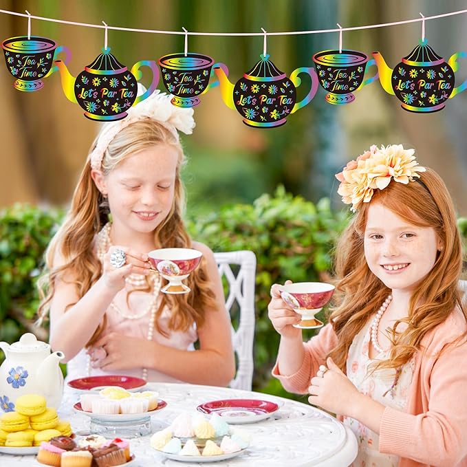 CY2SIDE Tea Party Scratch Cards - 60PCS DIY Floral Tea Cup and Teapot Scratch Paper Art for Kids School Activity, Let’s PARTEA Magic Art Rainbow Color Craft Ornament for Baby Shower Wedding Decoration