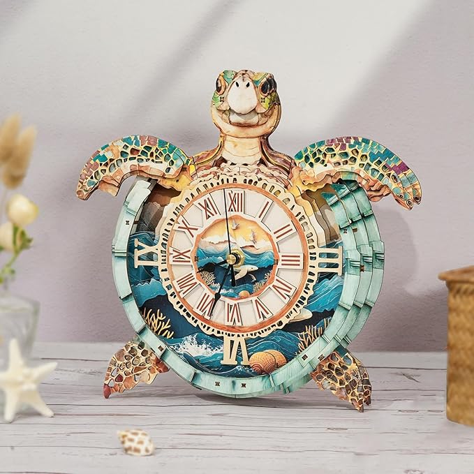3D Puzzle for Adults Clock - Sea Turtle Clock Design Model Kit-Mechanical DIY Pendulum Clocks with Roman Numerals-Desk Home Office Decor Personalized Gift for DIY Lovers
