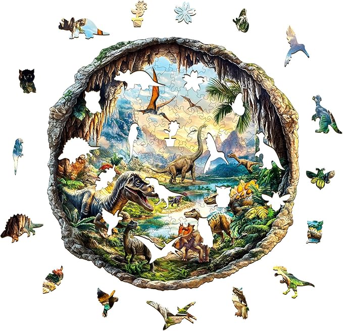 KAAYEE Wooden Puzzles for Adults, 3D Visual Effect 3D Cave Dinosaur Wooden Jigsaw Puzzle Unique Shape Wood Puzzle Adult, 3D Effect Flat Puzzle Birthday Family Games (M-11.4 * 11.3in-200pcs)