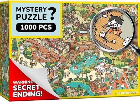 Jigsaw Puzzles 1000 Pieces - Magic Mystery Story Secret Ending Puzzle - Perfect Game Night for Adults & Kids - Cat Dog Funny Cartoon Food Theme (Snack Attack 2)