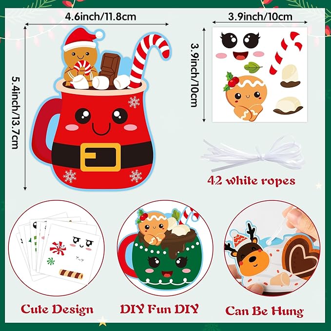 EZdhuawuse Christmas Hot Cocoa Craft Kits - 123 Christmas Hot Cocoa DIY Art Sticker Ornaments for Kids, Make Your Own Xmas Hot Cocoa Coffee Cup Art Hanging Ornaments for Christmas Tree Door Wall Decor