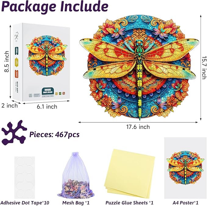 Colorful Dragonfly Wooden Puzzle, 45x40cm Unique Animal Shaped Wood Jigsaw Puzzle, 467 Pieces Large Size Adult Wooden Puzzles, Artistic Insect & Floral Puzzle, Ideal for Adults