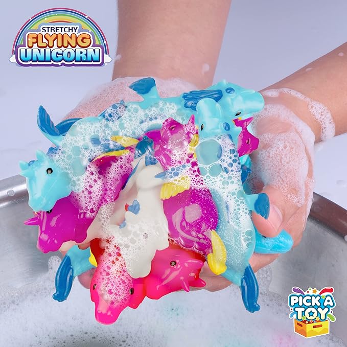 PICK A TOY Unicorn Favor Toys for Girls and Boys, 24 Pcs Rubber Finger Flicker Stretchy Slingshot for Kids, Birthday Goodie Bag, Unicorn Party Favors, Classroom Treasure Chest Treats