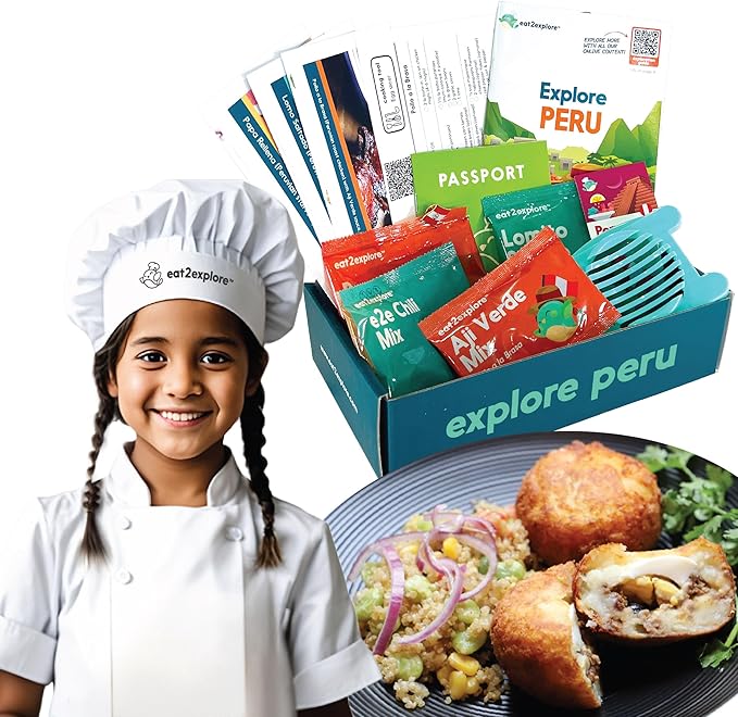 eat2explore Cooking Kits for Kids - Interactive & Educational Set with 3 Recipe Cards, Key Ingredients & Cooking Tools - Ideal Idea for Kids who Love to Create Meals (Peru Edition)