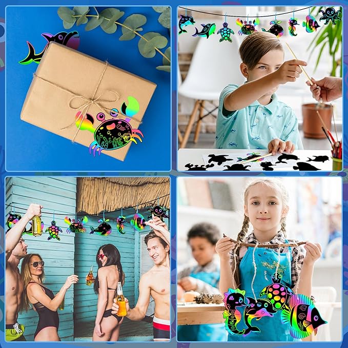 JULMELON 36 PCS Ocean Crafts, Rainbow Scratch Art Under The Sea Party Favors DIY Magic Color Summer Ocean Animals Scratch Cards for Summer Party Favors School Activities