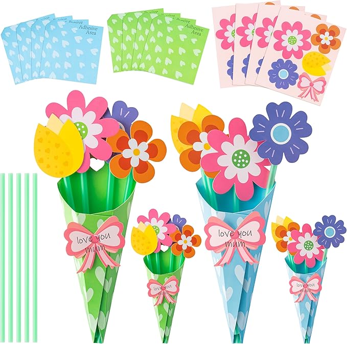 BeYumi Flower Bouquet Craft Kit - 24Pcs Mother's Day Flower Bouquet Craft in Two Colors for Kids Make Your Own Bunch of Flowers Teacher Appreciation Week DIY Gift School Classroom Home Fun Activities