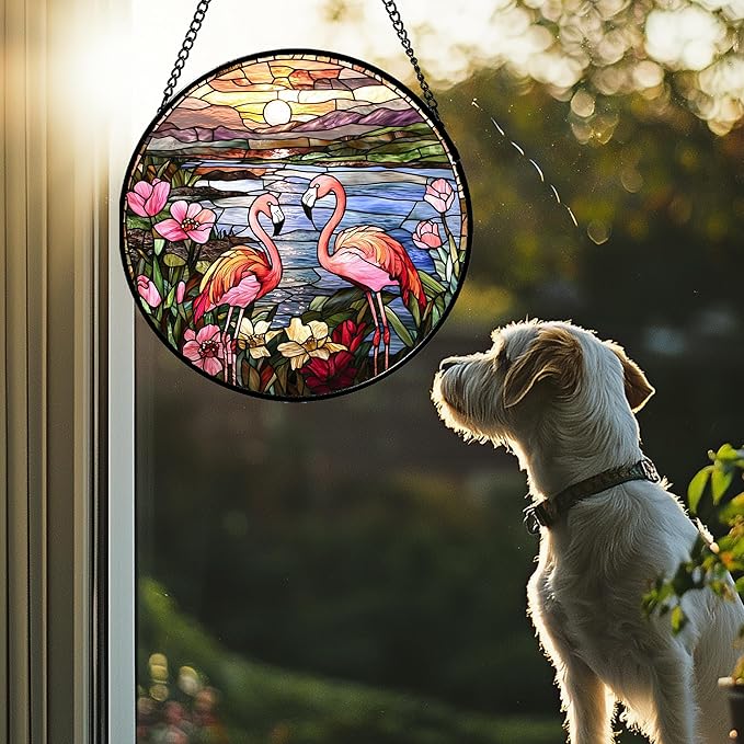 Stained Glass Window Hanging - Flamingo Wildflowers Landscape Suncatcher for Door Terrace Garden Home Decor Sunset Lake Sun Catcher Birthday Gifts for Lovers Women Men Dad Mom Nana 11.8 in