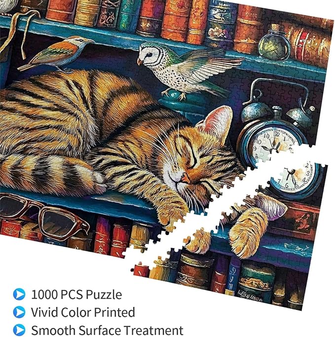 Cat Sleeping On The Bookshelf 1000 Piece Puzzle for Adults, Cats Library Jigsaw Puzzle, Funny Kitten Bookshelf Puzzles 1000 Piece, Challenging Puzzles for Friends Family Game Nights