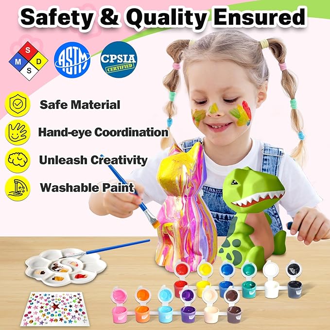 FUNZBO 2Pcs Paint Your Own Dinosaur & Cat Lamp - Arts and Crafts Supplies Painting Kits for Kids Teens Adults, DIY Night Light Toy for Toddlers Girl Boy Ages 3 4 5 6 7 8 9 10 11 12 13 + Birthday Gifts