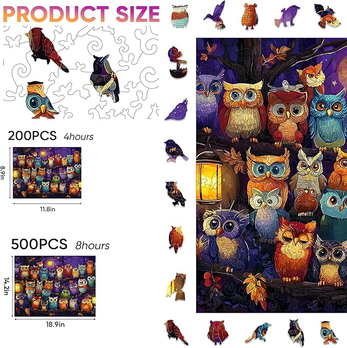 Wooden Puzzles for Adults, Halloween Owl Family Puzzles 200 Pieces, Unique Shaped Jigsaw Puzzles for Adults and Kids, Fun Family Game 11.8'' x 8.9''