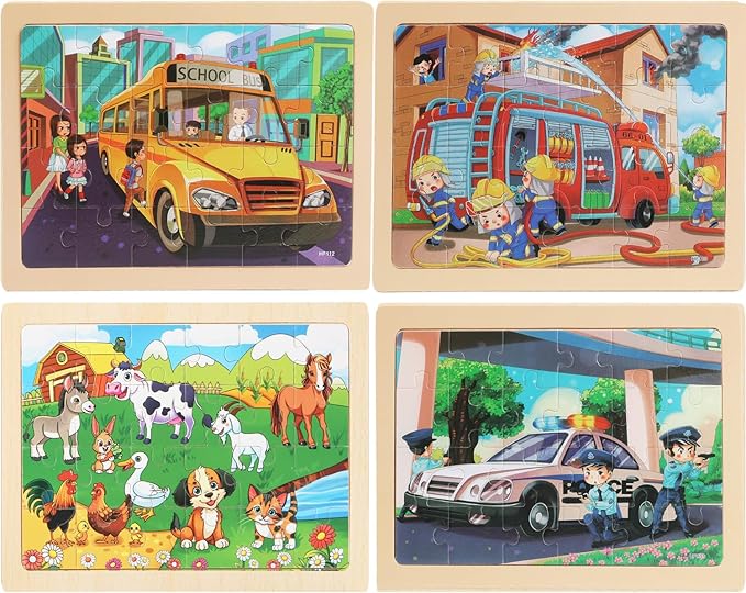 Puzzles for Kids Ages 4-6, 4 Packs 24 Piece Wooden Jigsaw Puzzle for Toddlers 5-8, Preschool Educational Puzzle Boards Toys Gifts for 4 5 6 7 8 Girls Boys