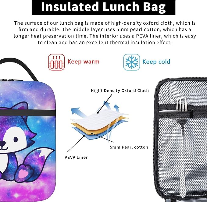 Mrublnel Galaxy Fox Printed Insulated Lunch Box Portable Lunch Bag with Detachable Handle,Reusable Lunchbox for Girls Boys Adults (Mrlunchbag-2302)