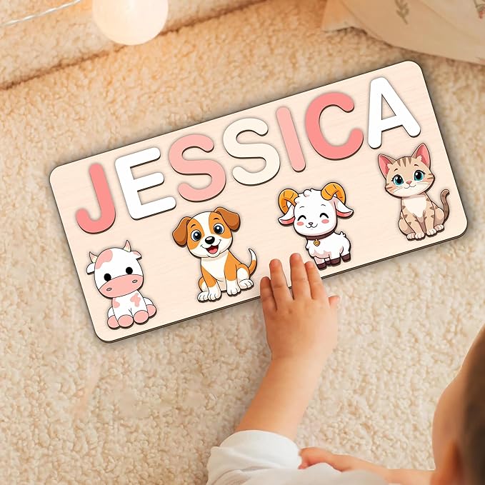LOVELYPOD Personalized Name Puzzle for Kids, Custom Name Puzzles for Toddlers 1-3 Animal Puzzle, Customized 1st Birthday for Girls & Boys Wooden Toys for Kids, for New Baby - Style 14