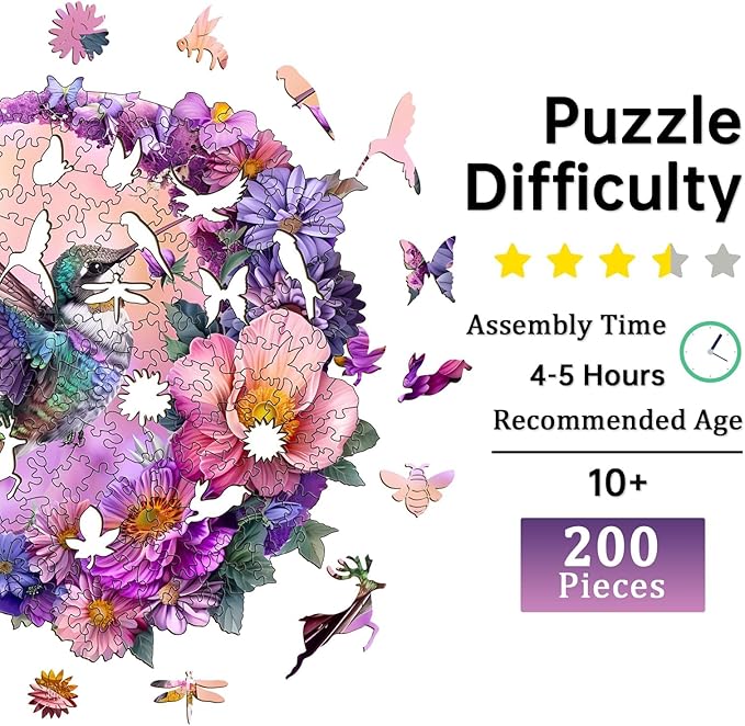 Jigfoxy Wooden Puzzles for Adults, Hummingbird Wood Puzzles Adult, Unique Animal Shape Wooden Jigsaw Puzzles for Adults, Birthday Gifts for Puzzle Lovers, Family, Friend (M-11.4 * 10.9in-200 pcs)