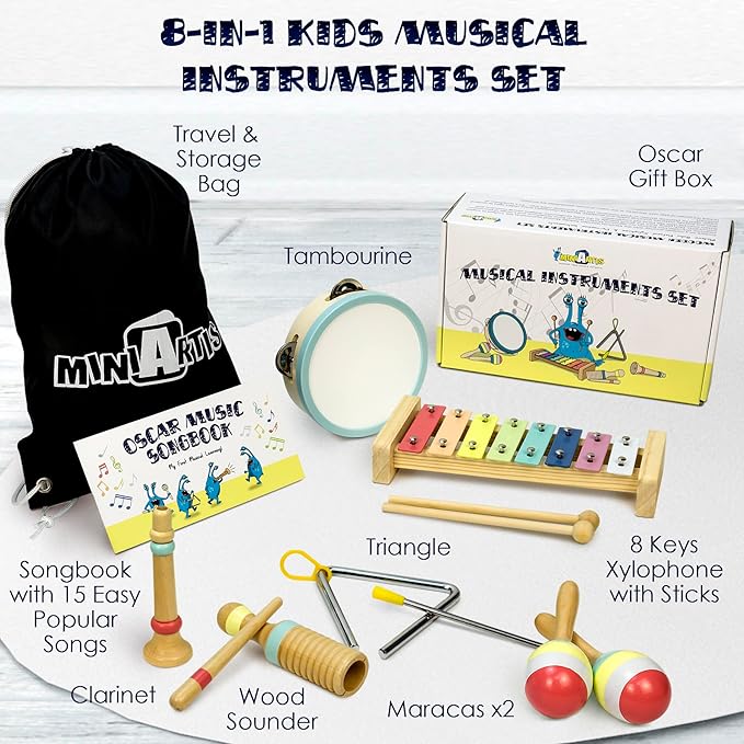 MINIARTIS Baby Musical Instruments Set - Montessori Musical Toys for Toddlers 1-3 | Modern Boho Kids Xylophone with Songbook | Neutral Colors Wooden Percussion Instruments | Preschool Educational 3+