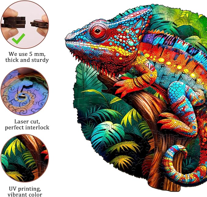 Jigfoxy Wooden Puzzles for Adults, Chameleon Wood Puzzles Adult, Unique Animal Shape Wooden Jigsaw Puzzles for Adults, Birthday Gifts for Puzzle Lovers, Family, Friend (L-13.6 * 13.5in-300pcs)