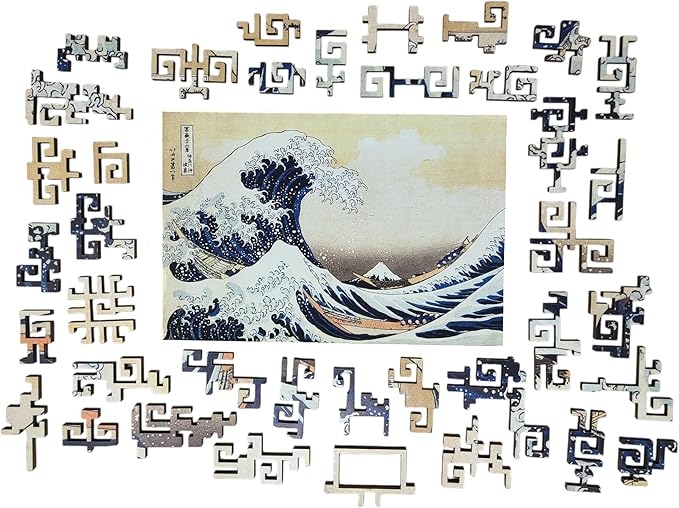 Wooden Puzzle for Adults - Geometric Design - Made in The USA by FoxSmartBox - 260 Pieces - The Great Wave Off Kanagawa