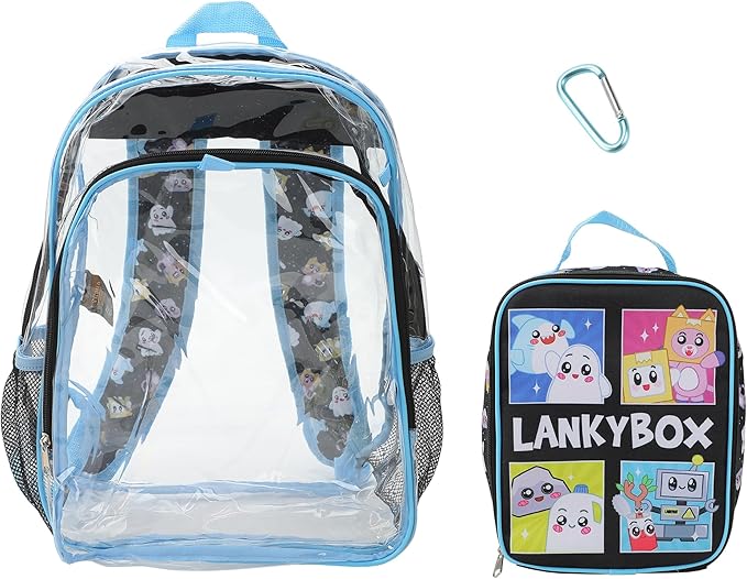 Bioworld Lanky Box Character Grid 16" Clear Backpack & Lunch Kit Value Set for Boys