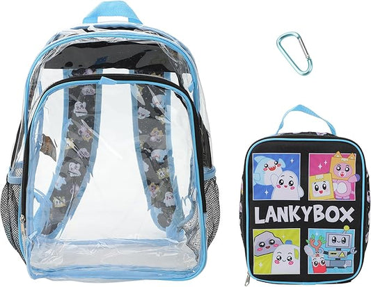 Bioworld Lanky Box Character Grid 16" Clear Backpack & Lunch Kit Value Set for Boys