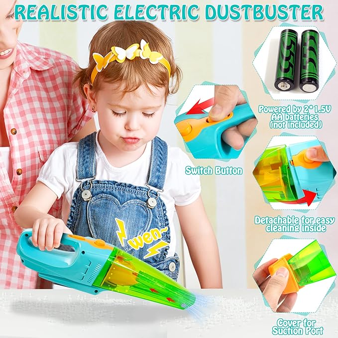 Kids Cleaning Set with Electric Vacuum Cleaners, Wooden Pretend Play Housekeeping Set, Toddler Cleaning Toys for Girls Boys Age 3+