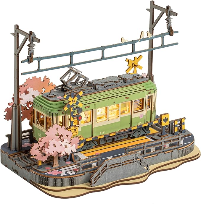 ROBOTIME 3D Puzzles for Adults DIY Model Building Toy with LED Light Wooden Craft Kits Diorama Tram Hobby for Brain Teaser Gift (Sakura Journey)