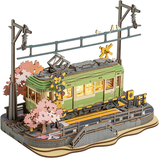 ROBOTIME 3D Puzzles for Adults DIY Model Building Toy with LED Light Wooden Craft Kits Diorama Tram Hobby for Brain Teaser Gift (Sakura Journey)