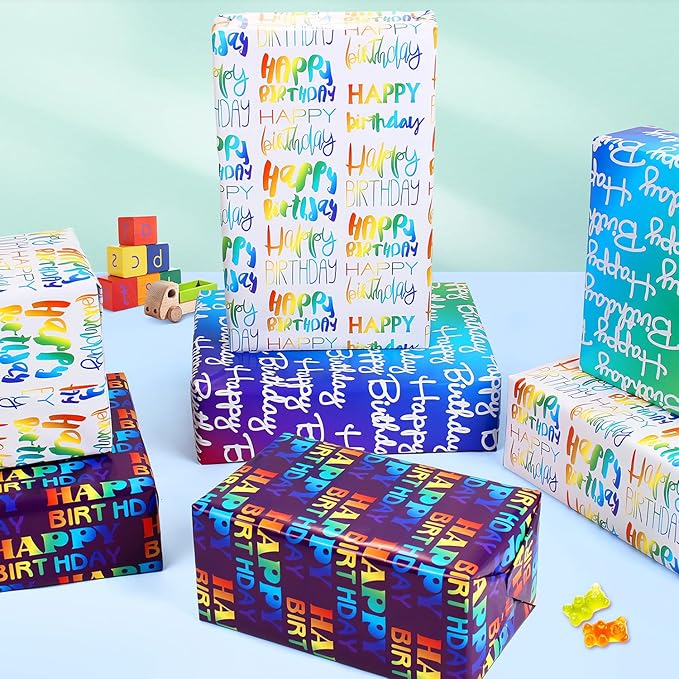 Wrapping Paper Birthday Wrapping Paper Sheets Hradient Multi-colour Happy Birthday Paper Set Include Bday Gift Wrap withTags & Ribbon,Present wrap for Boys Men Girls Women