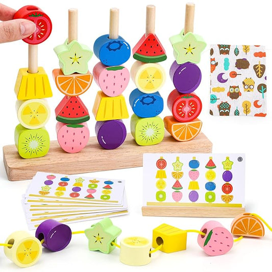 Montessori Wooden Beads Mastery Kit: Fine Motor Skills Builder for Toddlers 2-5 Stacking Blocks Lacing Beads Travel Learning Toys STEM Gifts for 2 3 4 5 Year Old Boys Girls Toys for Ages 2-4