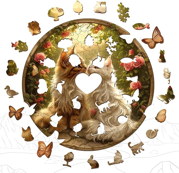Wooden Puzzles for Adults - Couple CatWood Puzzles Adult - Unique Animal Shape Wooden Jigsaw Puzzles for Adults - Birthday Gifts for Puzzle Lovers, Family (M-11.4 * 11.3in)