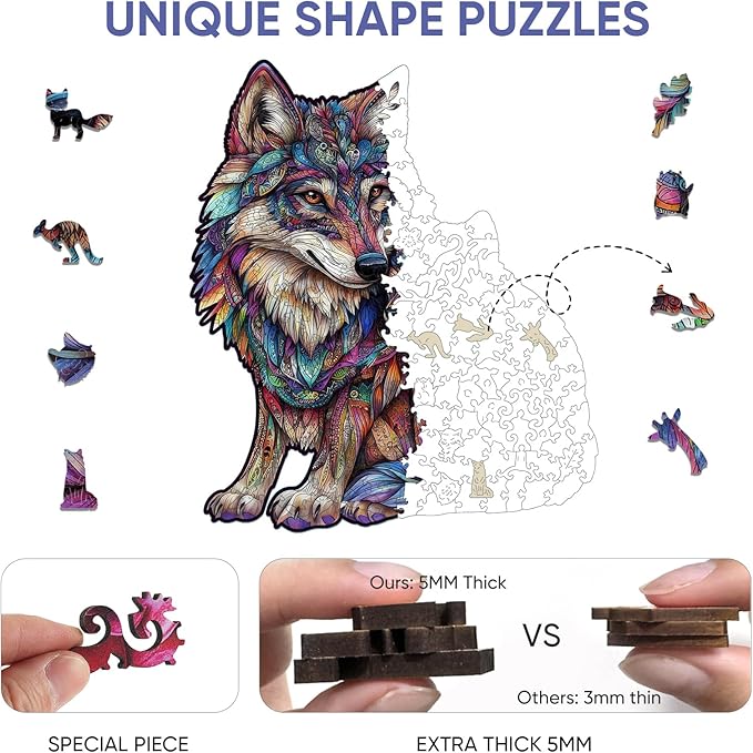 delobil Wooden Puzzles for Adults, Wolf Family Jigsaw Puzzles 500 Pieces, 17.3x14.9in, Unique Shaped Cool Animal Wood Adult Puzzle, Best Gifts for Adults and Kids Family Game