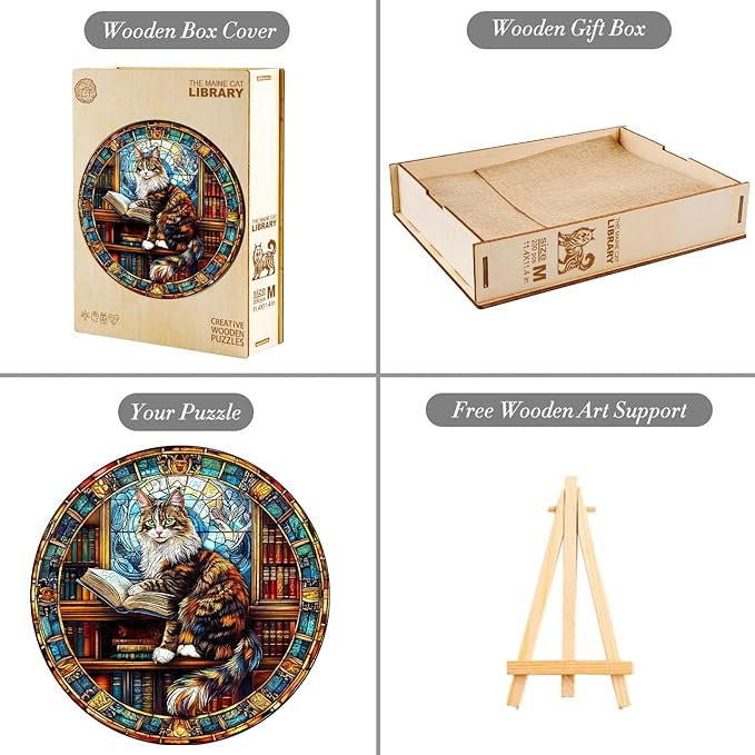 KAAYEE Wooden Puzzles for Adults-3D Visual Effect Maine Cat Library Wooden Jigsaw Puzzles Unique Shape Advanced Wood Puzzle Adults (11.4 * 11.4in 200pcs)