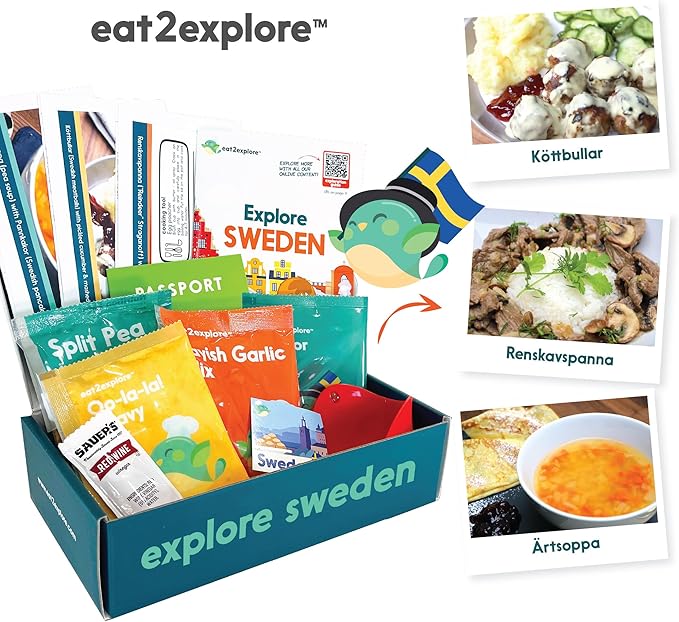eat2explore Cooking Kits for Kids - Interactive & Educational Set with 3 Recipe Cards, Key Ingredients & Cooking Tools - Ideal Idea for Kids who Love to Create Meals (Sweden Edition)