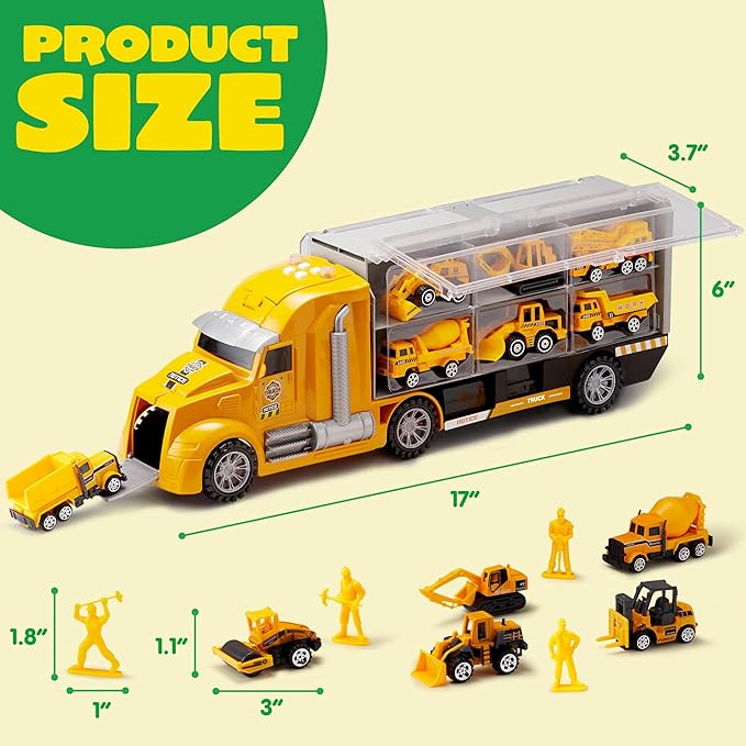 JOYIN 25 in 1 Kids Construction Truck Toy Set, 24Pcs Push and Go Cars and Worker Figures, Toddler Play Vehicles Carrier Truck with Sounds and Light, Birthday Gifts Toys for 3 4 5 6 7 Years Old Boys