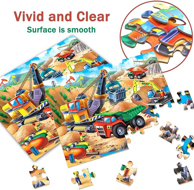 Puzzles for Kids Ages 4-6 – 2x60 Pieces Jigsaw Puzzles for Toddlers 3-5,6-8,Fun Bulldozer & Truck Toys,2 in 1 Pack Educational Construction Site Games for Boy & Girl