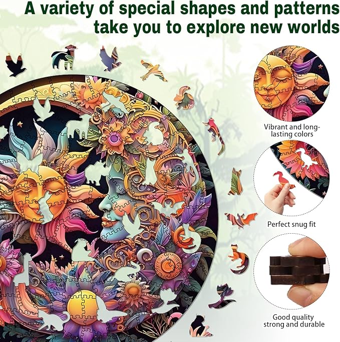 Wooden Puzzles for Adults, 200 Pieces Sun and Moon Uniquely Irregular Animal Shaped Wooden Jigsaw Puzzles, Creative Gift for Teenagers and Adults