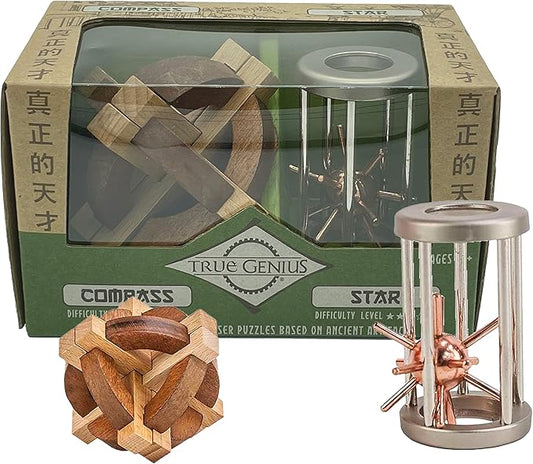Project Genius Compass and Star Combo, True Genius - Disentanglement Puzzles, Brain teasers, Adult Puzzle, Wooden (TG018)