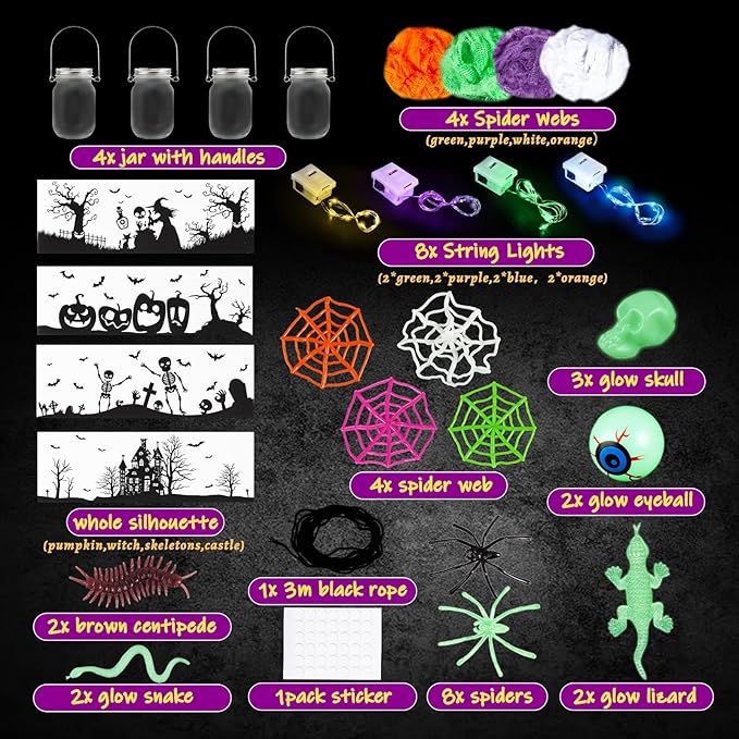 Halloween Craft Kit for Kids, 4 pcs Glass Mason Jar with Accessories for DIY Lantern Jar, Halloween Art & Craft Party Supplies for Classroom,Art and Craft Party Supplies for Kids