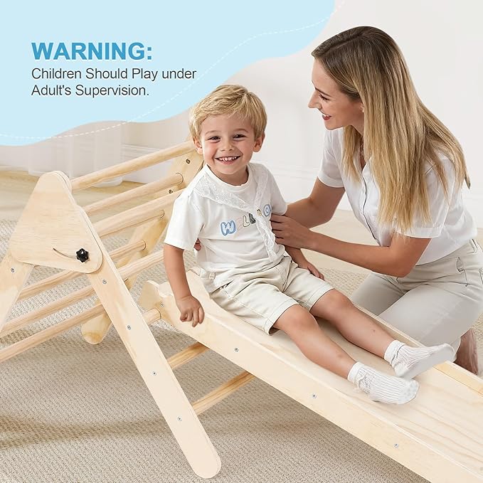 Pikler Triangle Set for Toddlers, 7-in-1 Foldable Montessori Climbing Gym with Safety Strap on Slide, Indoor Wooden Arch, Ramp, Ladder for Active Play - Natural