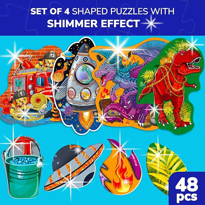 QUOKKA Shimmer Puzzles for Kids Ages 4-6 – 48 Piece Shaped Jigsaw Puzzles for Toddlers 3-5 – 4-Pack Dragon, Rocket, Firetruck & Dinosaur Children's Game Ages 4-8 – Unique Gift Toy for Preschoolers