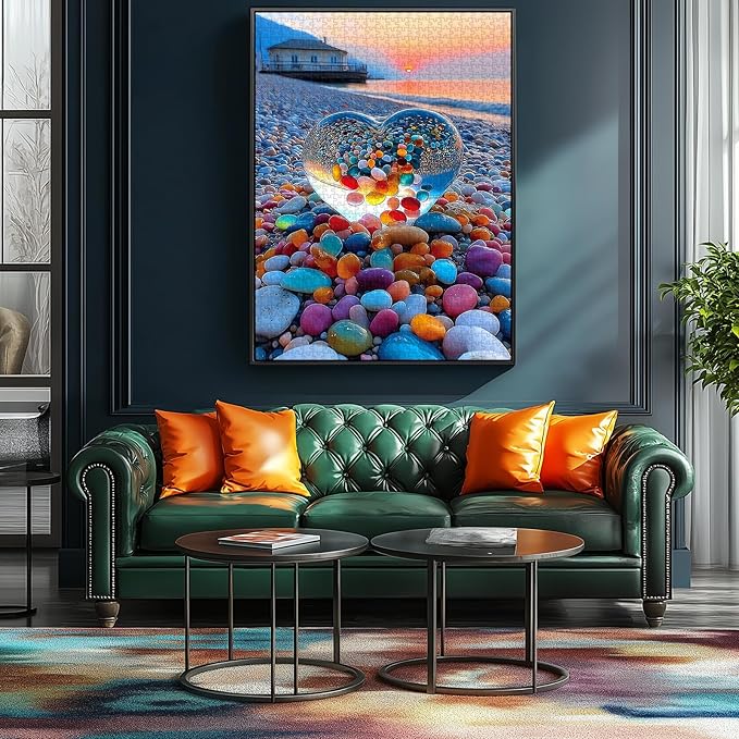 Beach Sunset Heart Jigsaw Puzzle 1000 Pieces for Adults Colorful Pebbles Coastal Scene Challenging Puzzle Games Premium 1000-Piece Puzzle for Game Night or Gift