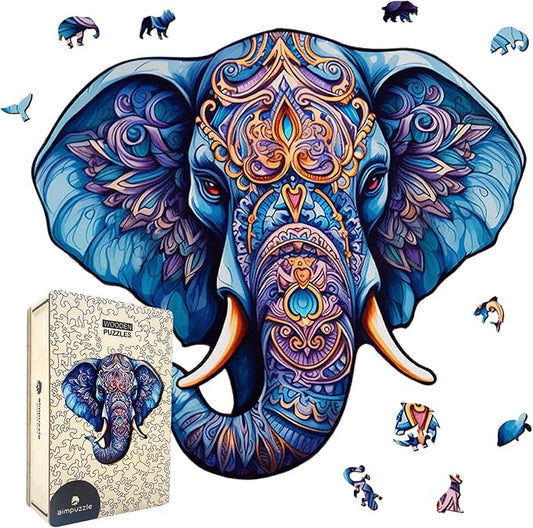 Wooden Puzzles for Adults, Elephant Wooden Jigsaw Puzzle, Unique Animal Shaped Puzzles, Premium Box Wood Cut Puzzles for Teens, Best Family Ideas (M-7.1 * 7.5in-84pcs)